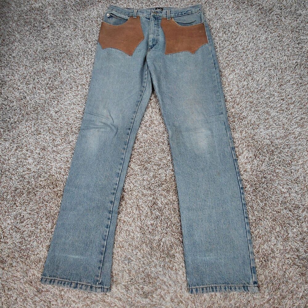 Vintage Dolce & Gabbana Jeans Mens 32x34 Measured Blue Denim Leather Straight